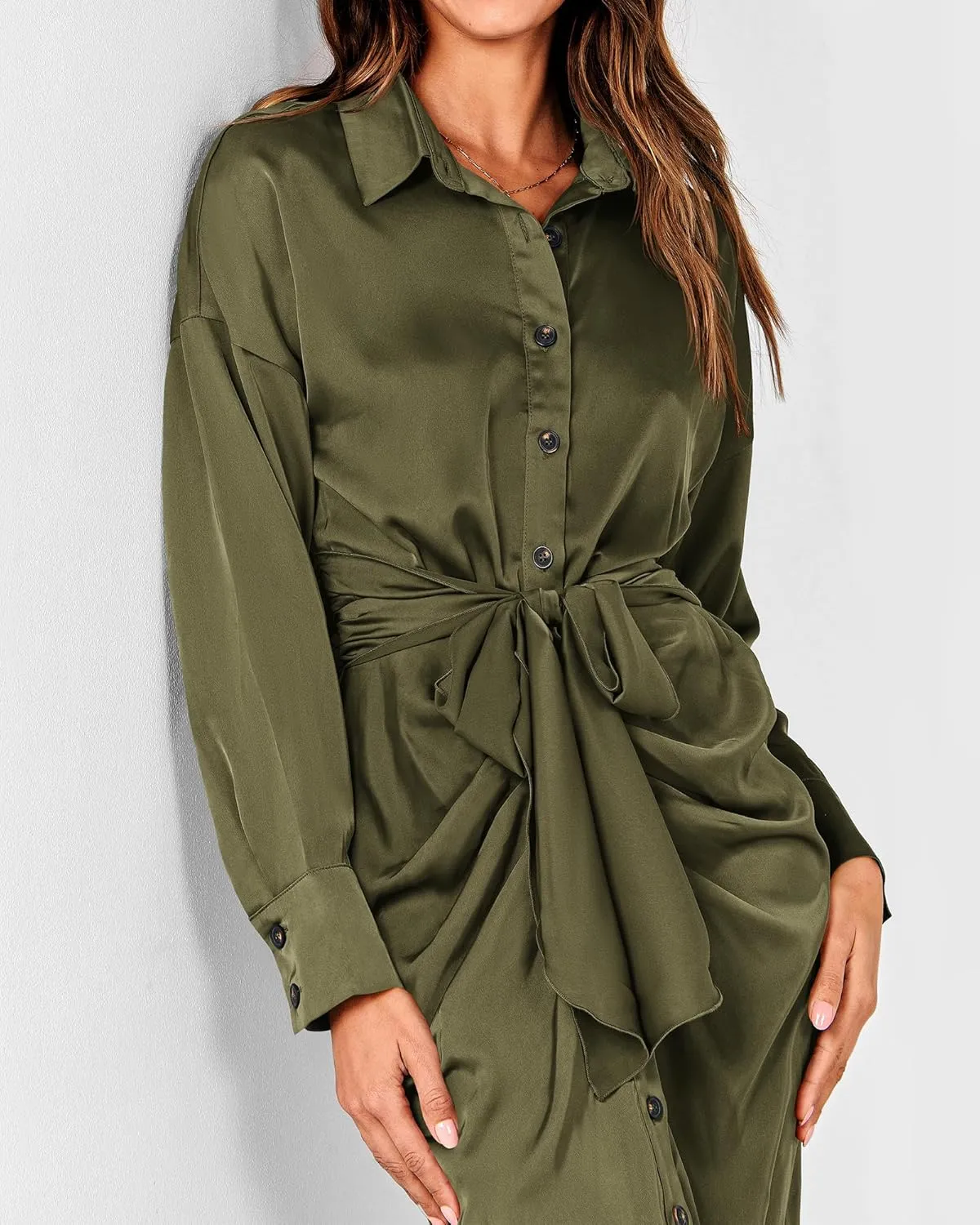 BTFBM Women Long Sleeve Satin Dress 2025 Summer Spring Lapel V Neck Button Down Elegant Belted Ruched Maxi Shirt Dresses