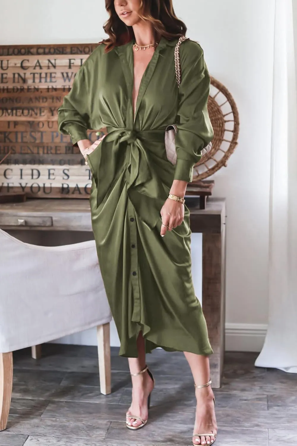 BTFBM Women Long Sleeve Satin Dress 2025 Summer Spring Lapel V Neck Button Down Elegant Belted Ruched Maxi Shirt Dresses
