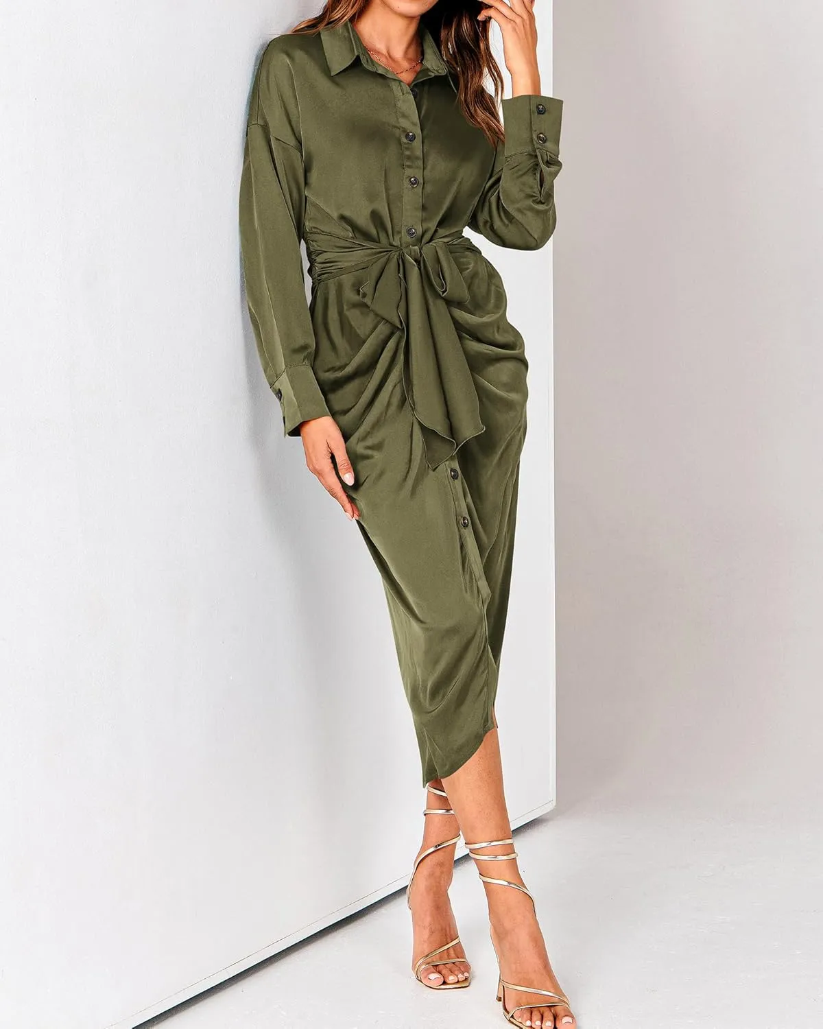 BTFBM Women Long Sleeve Satin Dress 2025 Summer Spring Lapel V Neck Button Down Elegant Belted Ruched Maxi Shirt Dresses
