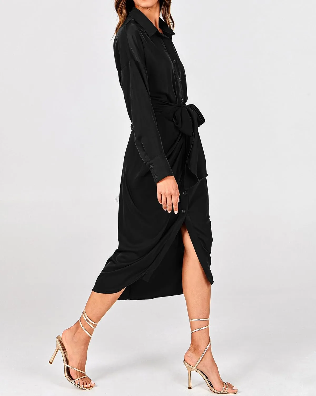 BTFBM Women Long Sleeve Satin Dress 2025 Summer Spring Lapel V Neck Button Down Elegant Belted Ruched Maxi Shirt Dresses