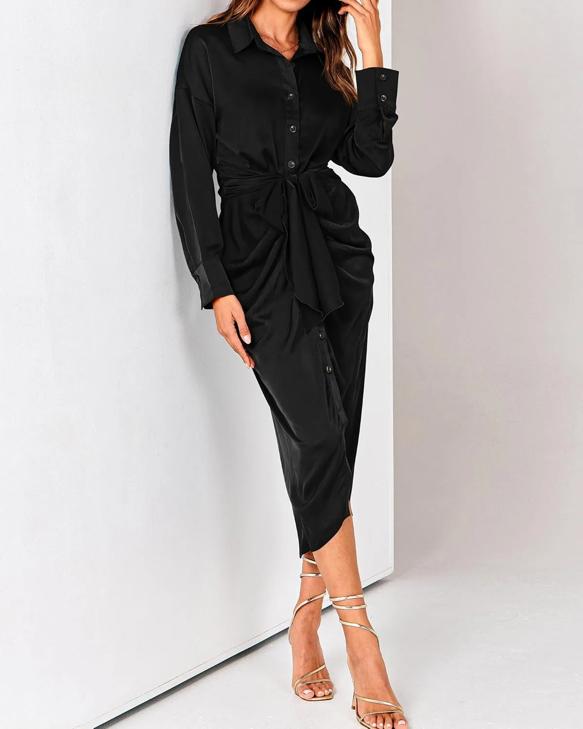BTFBM Women Long Sleeve Satin Dress 2025 Summer Spring Lapel V Neck Button Down Elegant Belted Ruched Maxi Shirt Dresses