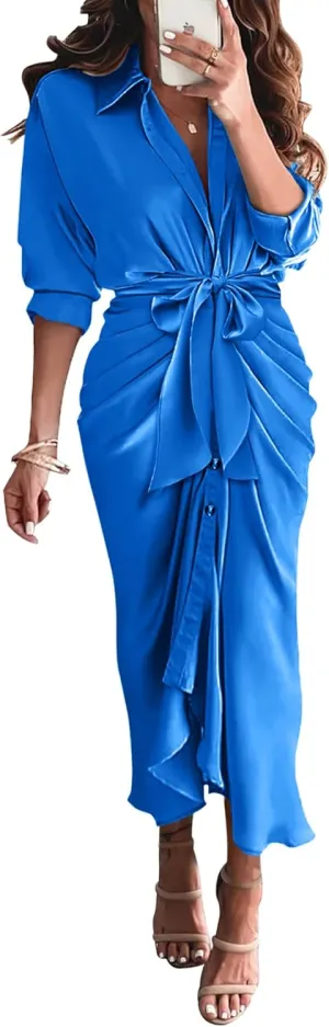 BTFBM Women Long Sleeve Satin Dress 2025 Summer Spring Lapel V Neck Button Down Elegant Belted Ruched Maxi Shirt Dresses
