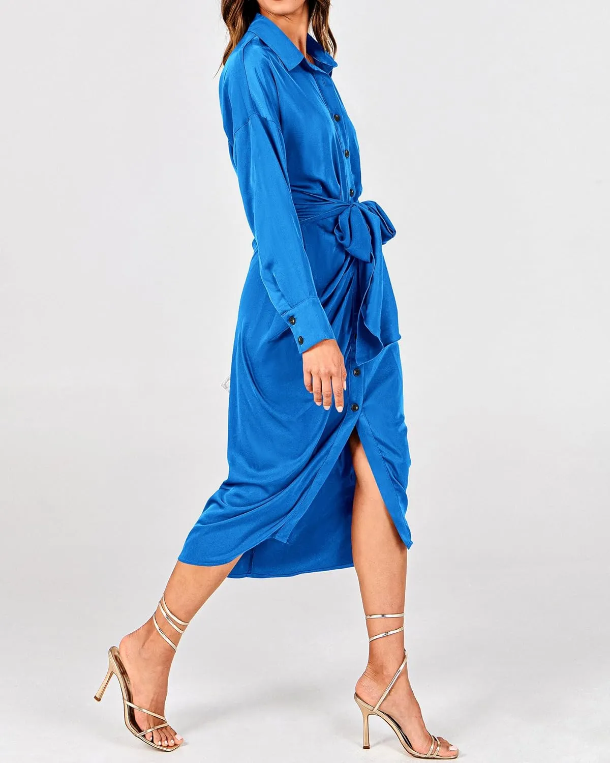 BTFBM Women Long Sleeve Satin Dress 2025 Summer Spring Lapel V Neck Button Down Elegant Belted Ruched Maxi Shirt Dresses