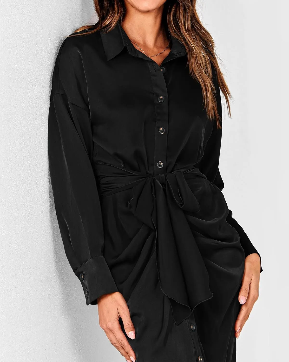 BTFBM Women Long Sleeve Satin Dress 2025 Summer Spring Lapel V Neck Button Down Elegant Belted Ruched Maxi Shirt Dresses
