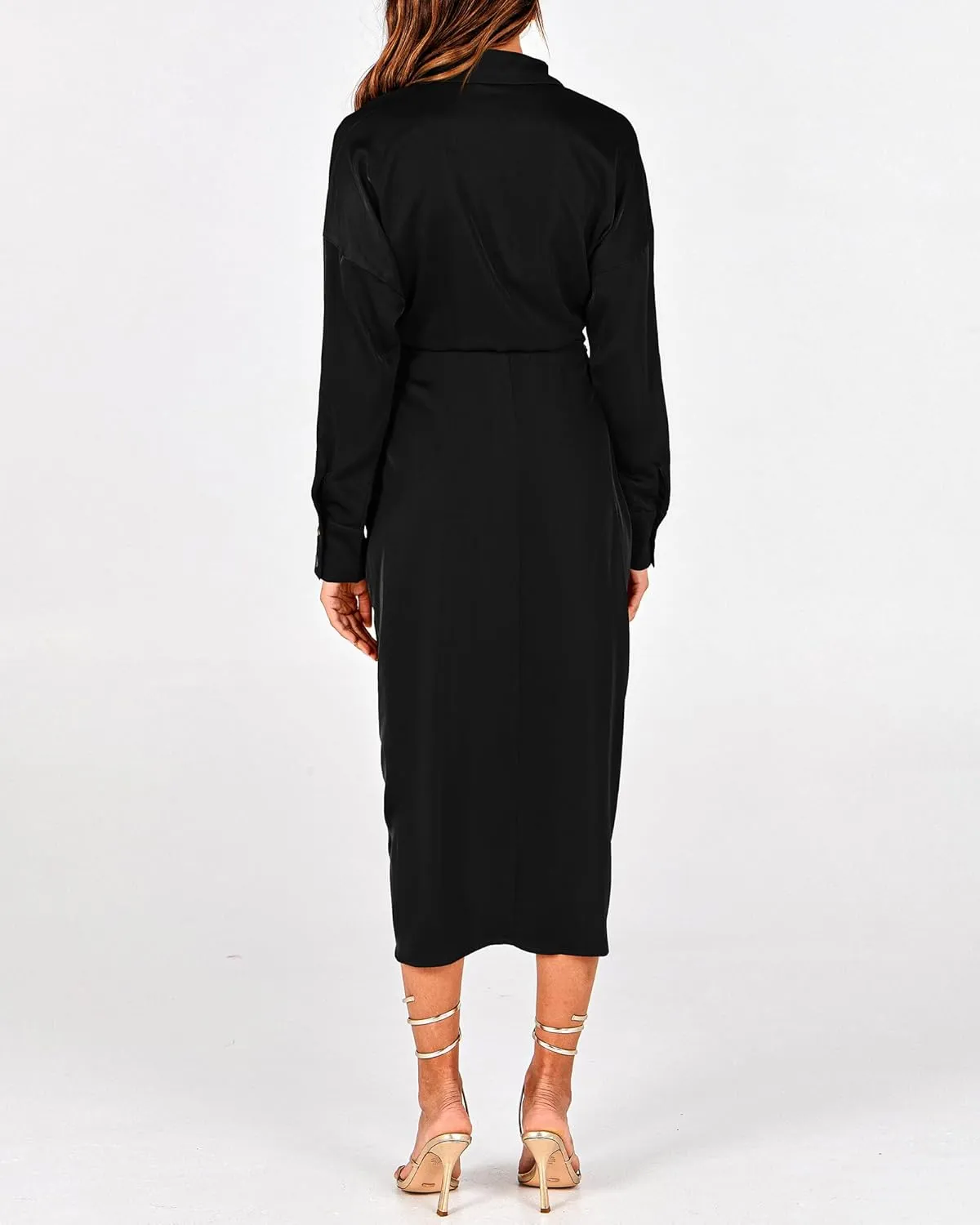 BTFBM Women Long Sleeve Satin Dress 2025 Summer Spring Lapel V Neck Button Down Elegant Belted Ruched Maxi Shirt Dresses