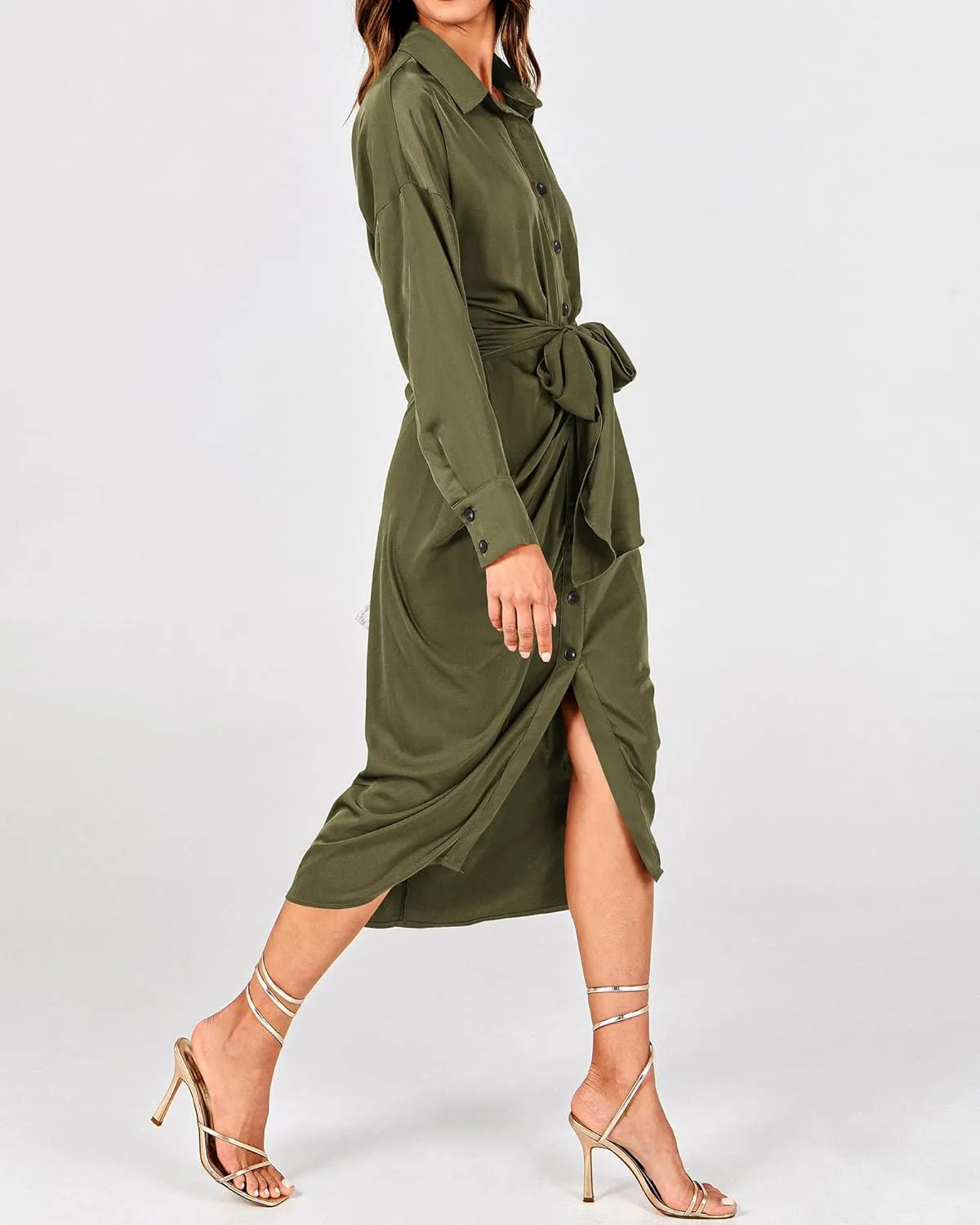 BTFBM Women Long Sleeve Satin Dress 2025 Summer Spring Lapel V Neck Button Down Elegant Belted Ruched Maxi Shirt Dresses
