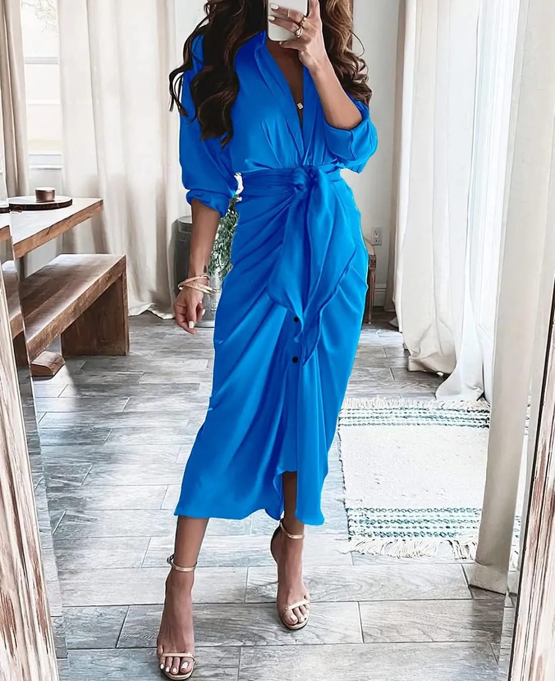 BTFBM Women Long Sleeve Satin Dress 2025 Summer Spring Lapel V Neck Button Down Elegant Belted Ruched Maxi Shirt Dresses