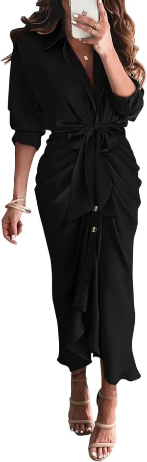 BTFBM Women Long Sleeve Satin Dress 2025 Summer Spring Lapel V Neck Button Down Elegant Belted Ruched Maxi Shirt Dresses