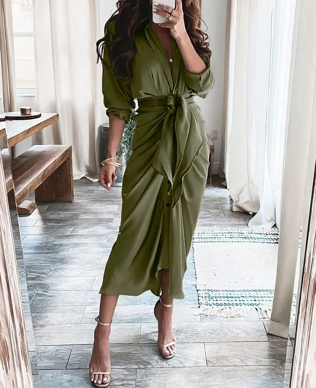 BTFBM Women Long Sleeve Satin Dress 2025 Summer Spring Lapel V Neck Button Down Elegant Belted Ruched Maxi Shirt Dresses