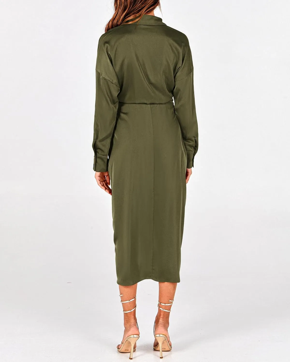 BTFBM Women Long Sleeve Satin Dress 2025 Summer Spring Lapel V Neck Button Down Elegant Belted Ruched Maxi Shirt Dresses