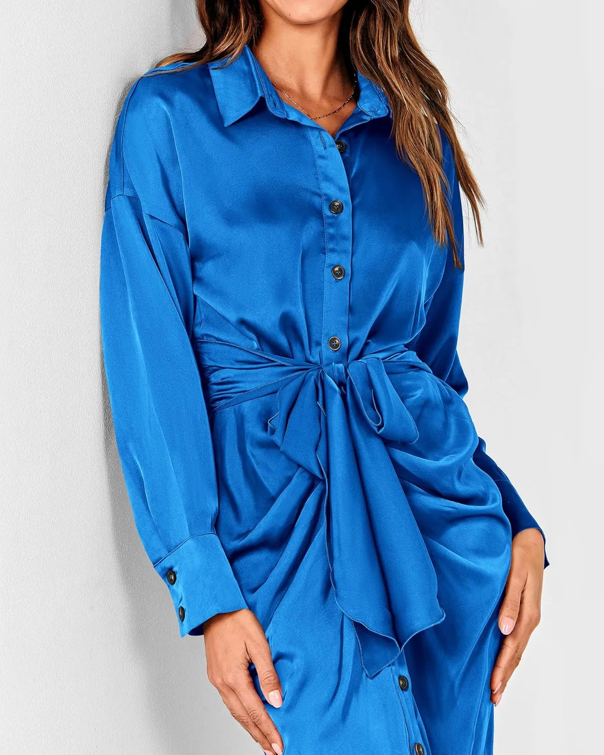 BTFBM Women Long Sleeve Satin Dress 2025 Summer Spring Lapel V Neck Button Down Elegant Belted Ruched Maxi Shirt Dresses