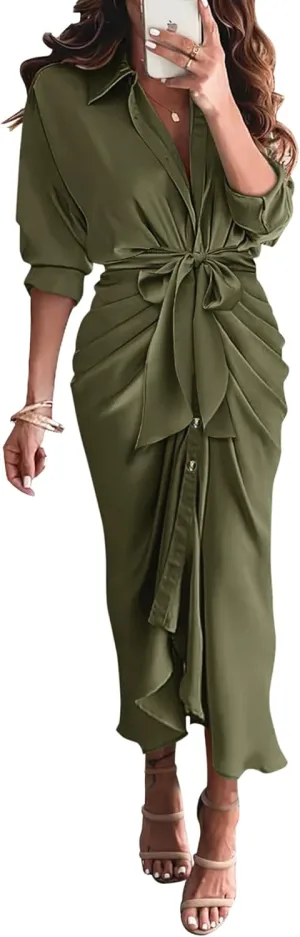 BTFBM Women Long Sleeve Satin Dress 2025 Summer Spring Lapel V Neck Button Down Elegant Belted Ruched Maxi Shirt Dresses