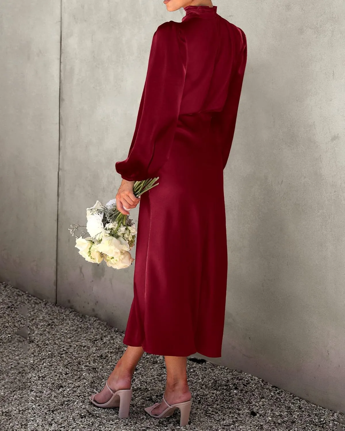 BTFBM Womens Mock Neck Satin Dress 2025 Summer Spring Long Sleeve High Waist Wedding Party Maxi Formal Cocktail Dresses