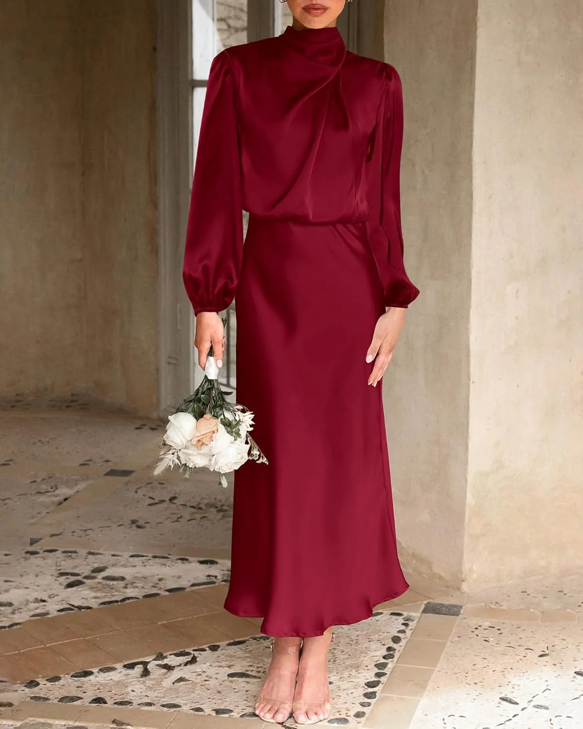 BTFBM Womens Mock Neck Satin Dress 2025 Summer Spring Long Sleeve High Waist Wedding Party Maxi Formal Cocktail Dresses