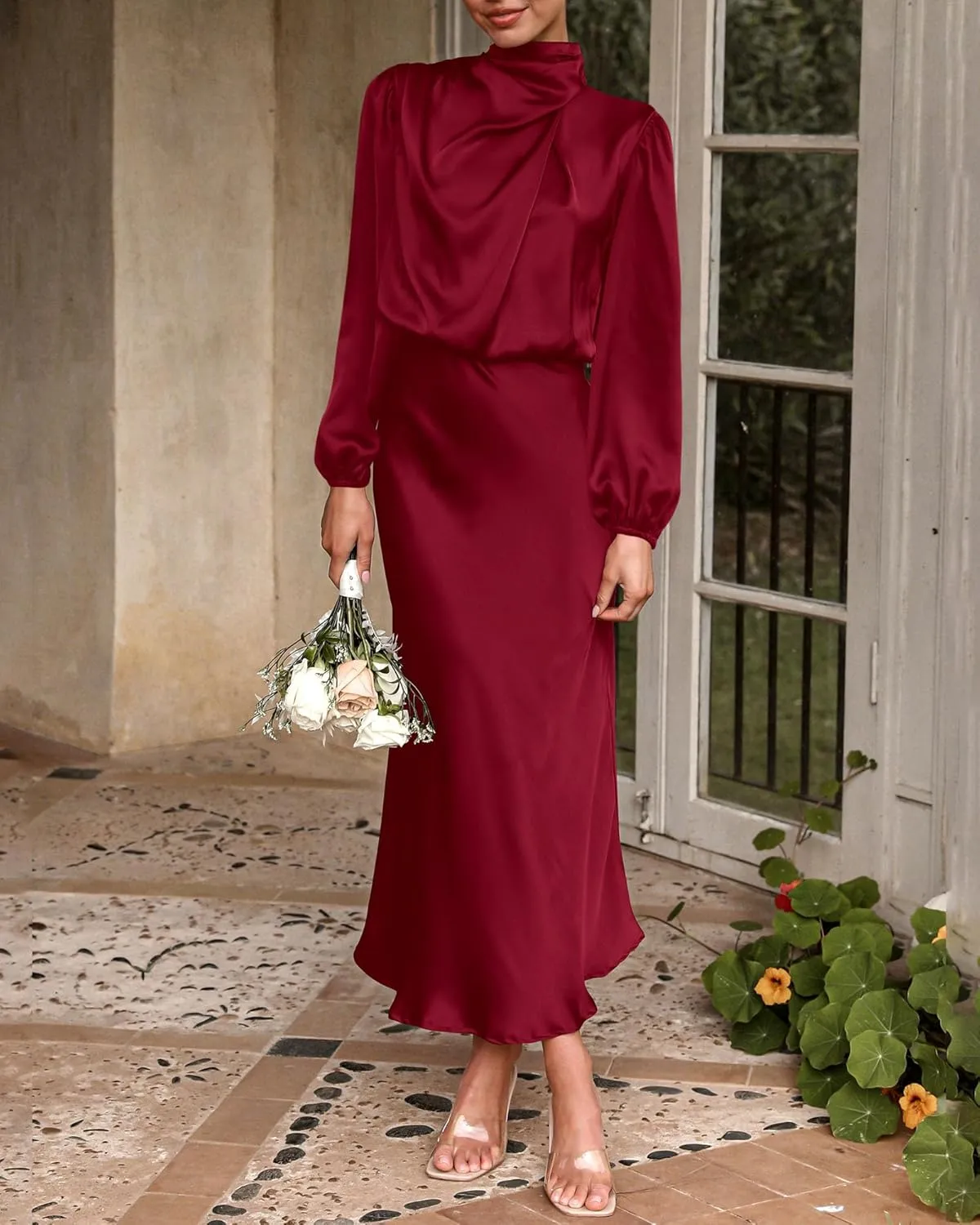 BTFBM Womens Mock Neck Satin Dress 2025 Summer Spring Long Sleeve High Waist Wedding Party Maxi Formal Cocktail Dresses