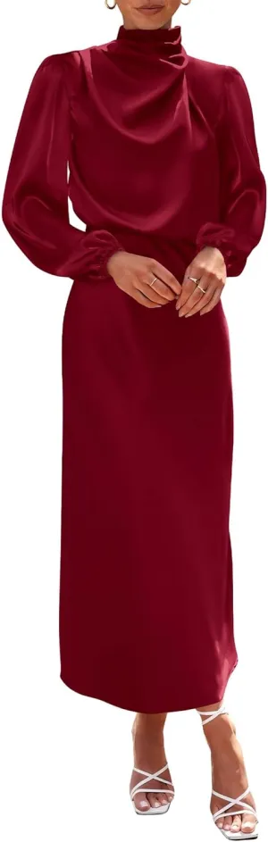 BTFBM Womens Mock Neck Satin Dress 2025 Summer Spring Long Sleeve High Waist Wedding Party Maxi Formal Cocktail Dresses