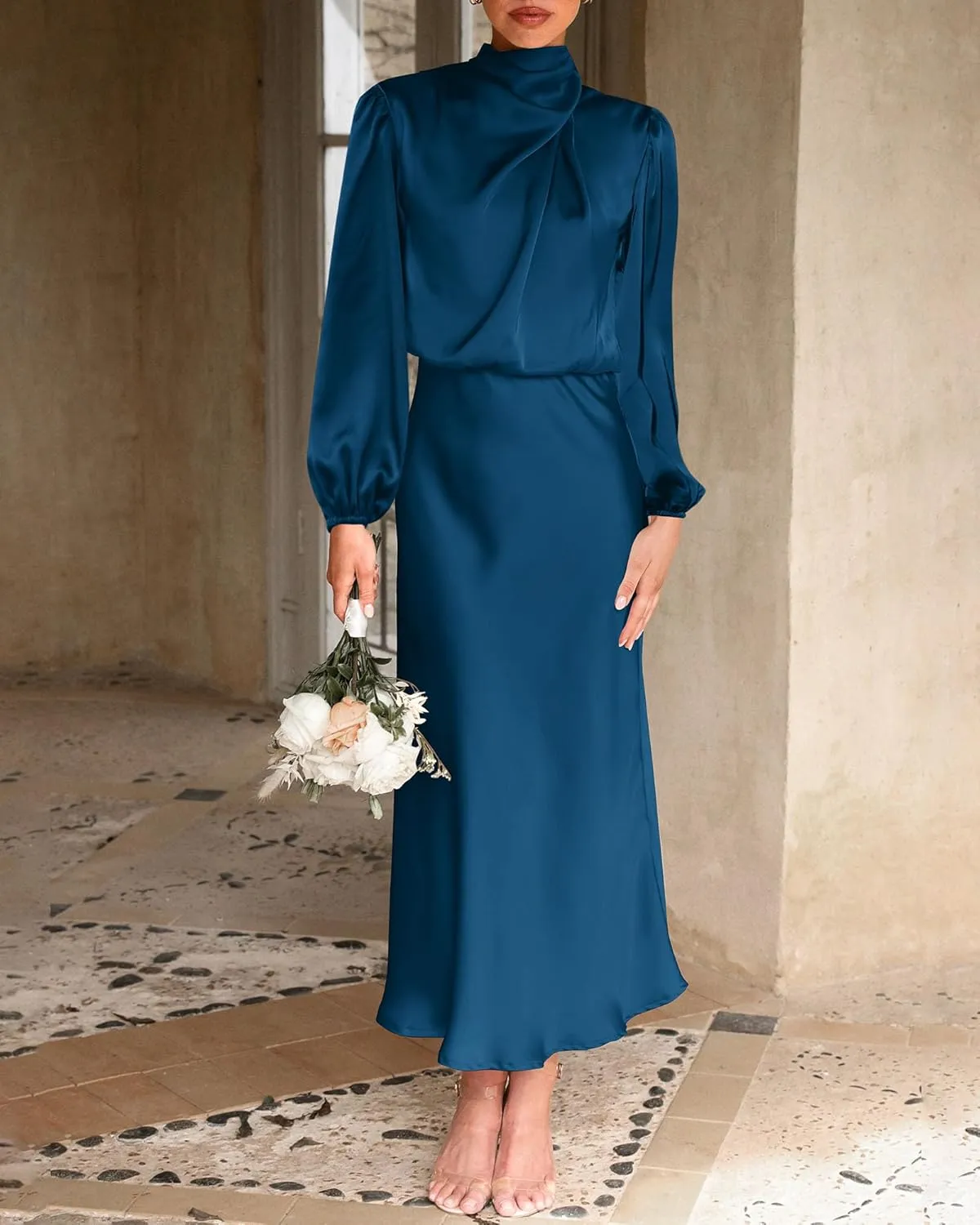 BTFBM Womens Mock Neck Satin Dress 2025 Summer Spring Long Sleeve High Waist Wedding Party Maxi Formal Cocktail Dresses