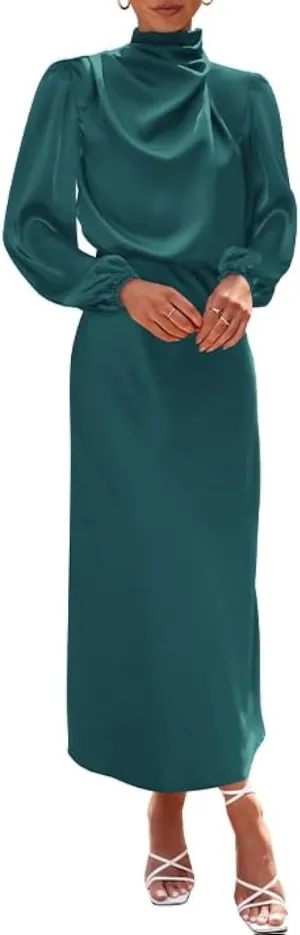 BTFBM Womens Mock Neck Satin Dress 2025 Summer Spring Long Sleeve High Waist Wedding Party Maxi Formal Cocktail Dresses