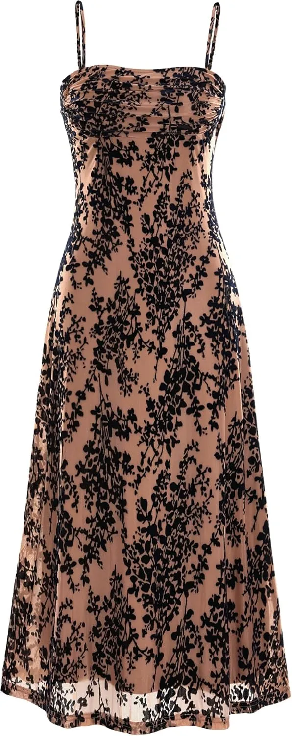 BTFBM Women's Summer Dress Sleeveless Spaghetti Strap Midi Dress Sexy Cowl Neck Floral Cocktail Dress Party Dresses