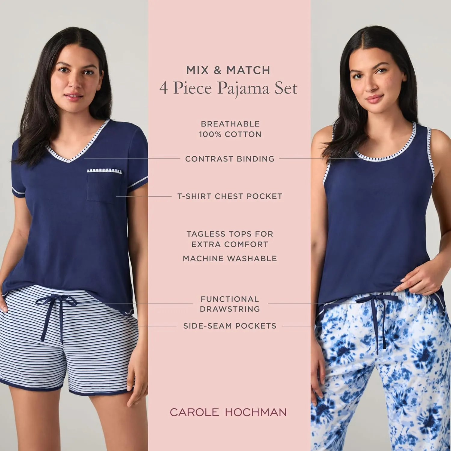Carole Hochman Women's 4-Piece 100% Cotton Pajama Set  V-Neck T-Shirt, Tank, Capri Pants & Shorts with Drawstring & Pockets