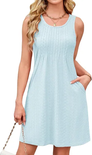 Coverup Sundresses for Women Eyelet Swimsuit Cover Up with Pockets Casual Loose Sleeveless Summer Beach Tank Dress