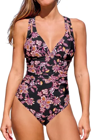 CUPSHE Women's One Piece Swimsuit Tummy Control Deep V Neck Double Straps Crisscross Back Tie Bathing Suit