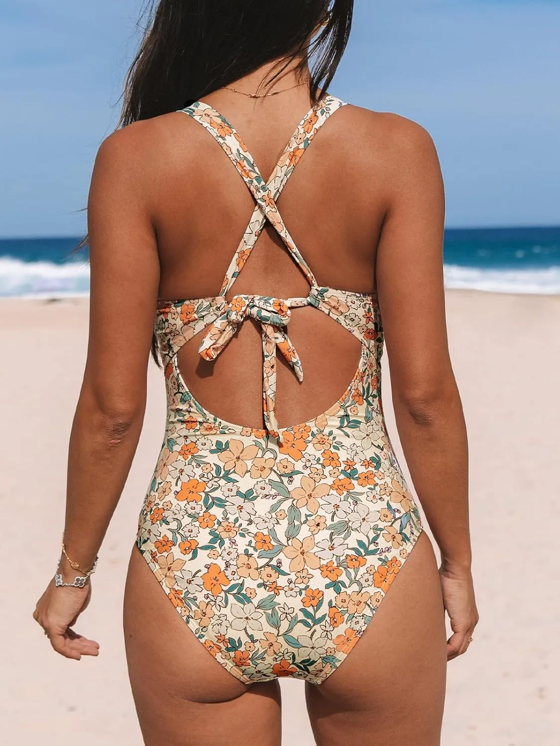 CUPSHE Women's One Piece Swimsuit Tummy Control Deep V Neck Double Straps Crisscross Back Tie Bathing Suit