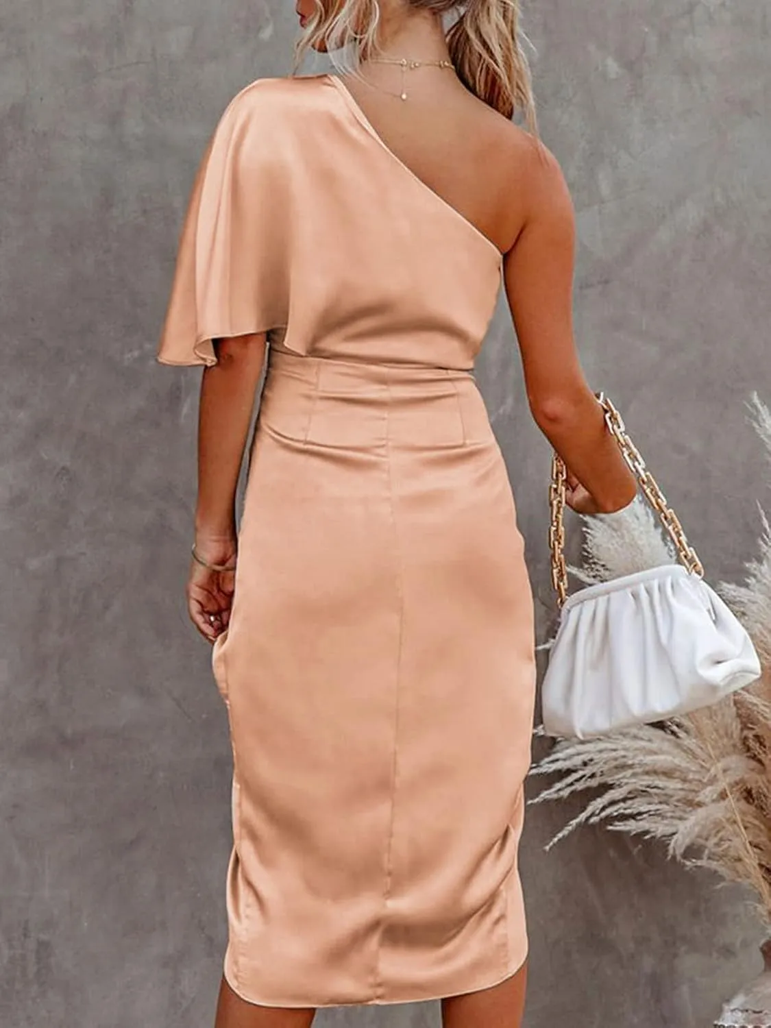 CUPSHE Women's Satin Dress Backless One Shoulder Short Sleeves Midi High Low Hem Cocktail Party Dress