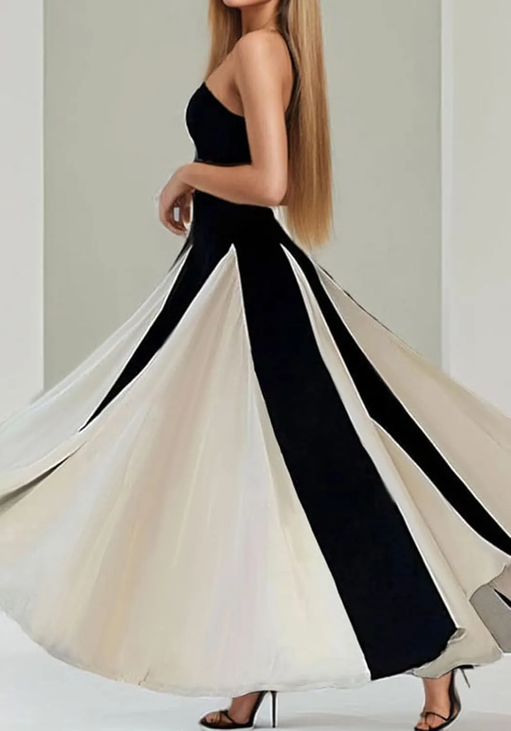 DINGANG Womens Elegant Sleeveless Color Block Long Dress Backless Pleated Patchwork Swing Flowy Maxi Dress