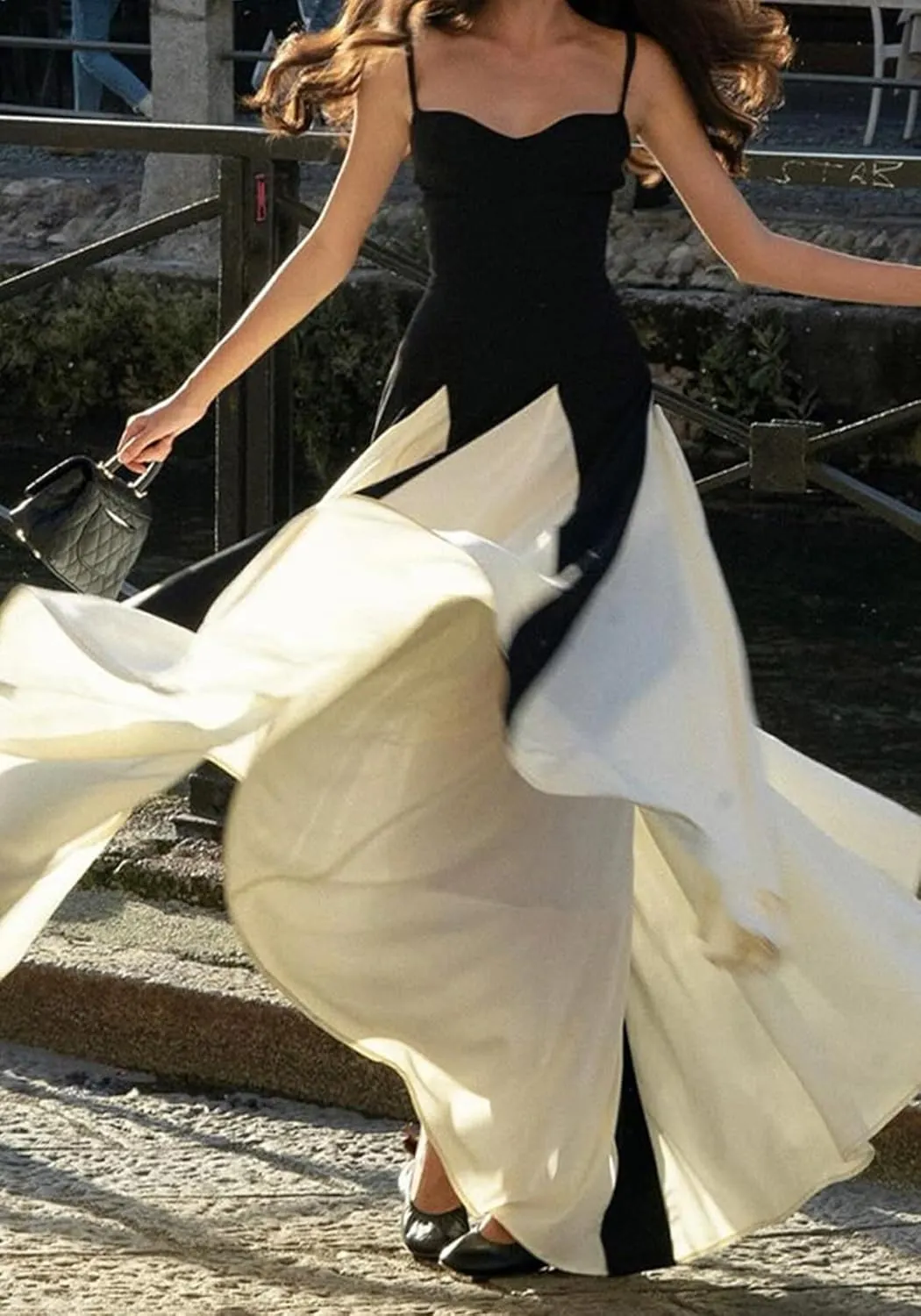 DINGANG Womens Elegant Sleeveless Color Block Long Dress Backless Pleated Patchwork Swing Flowy Maxi Dress