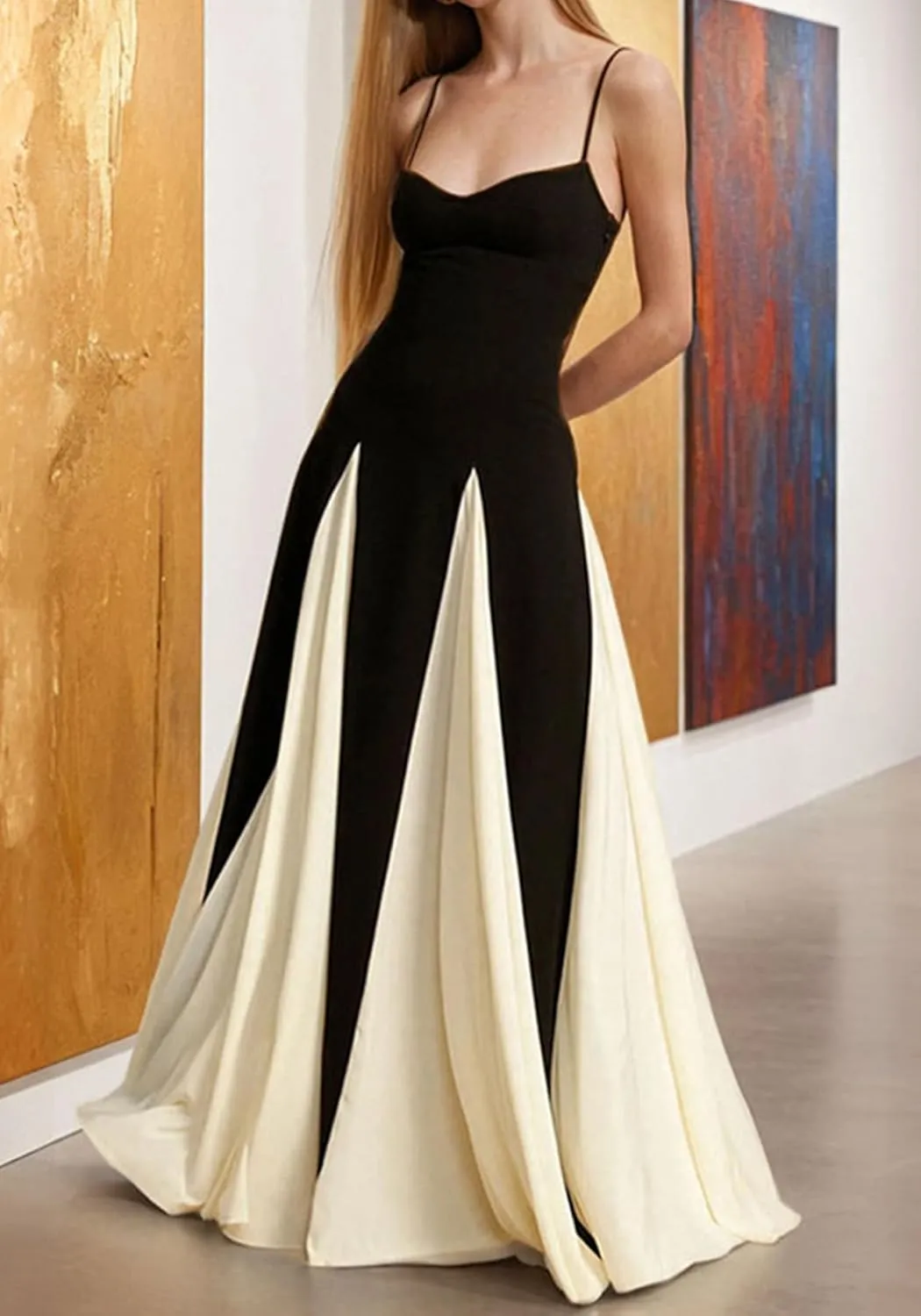 DINGANG Womens Elegant Sleeveless Color Block Long Dress Backless Pleated Patchwork Swing Flowy Maxi Dress