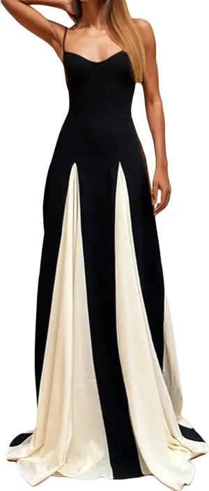 DINGANG Womens Elegant Sleeveless Color Block Long Dress Backless Pleated Patchwork Swing Flowy Maxi Dress