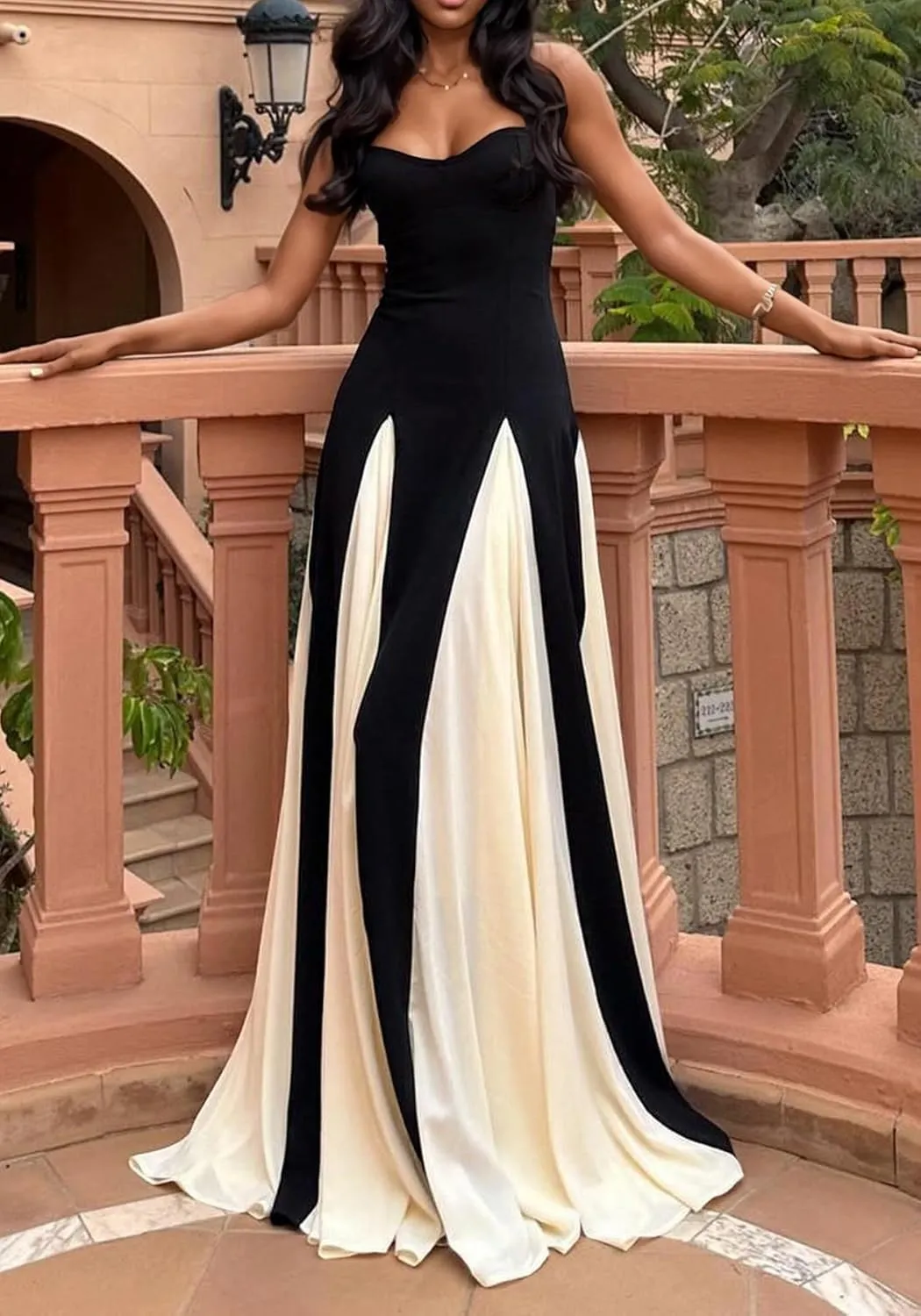 DINGANG Womens Elegant Sleeveless Color Block Long Dress Backless Pleated Patchwork Swing Flowy Maxi Dress