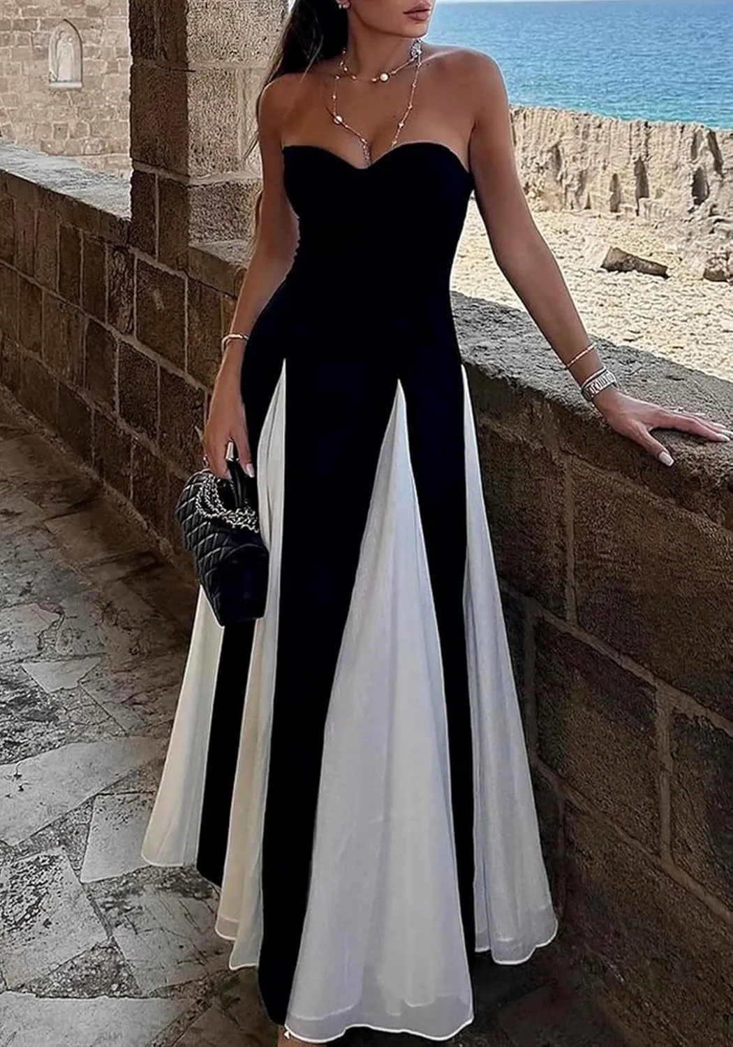 DINGANG Womens Elegant Sleeveless Color Block Long Dress Backless Pleated Patchwork Swing Flowy Maxi Dress