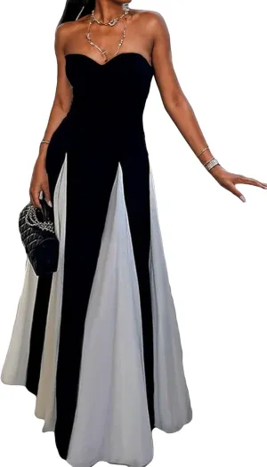 DINGANG Womens Elegant Sleeveless Color Block Long Dress Backless Pleated Patchwork Swing Flowy Maxi Dress