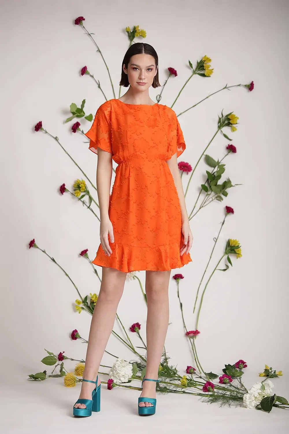 Donna Morgan Women's Boat Neck Kimono Sleeve Ruffle Hem Dress