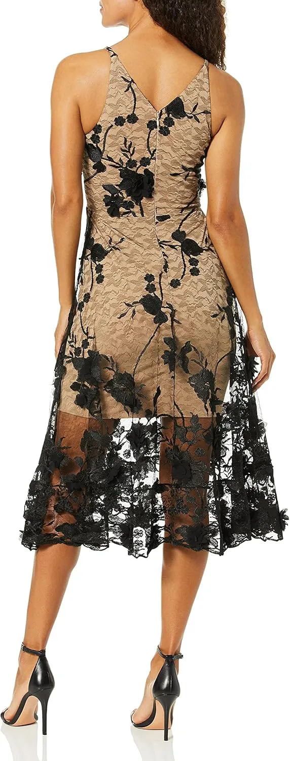 Dress the Population Women's Audrey Spaghetti Strap Midi A-line 3D Floral Dress