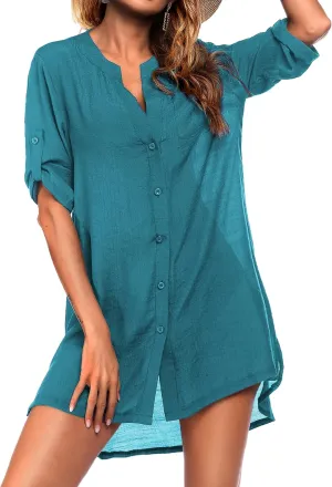 Ekouaer Bathing Suit Cover Up for Women V Neck Button Down Swimsuit Coverup Beach Dress Shirt S-3XL