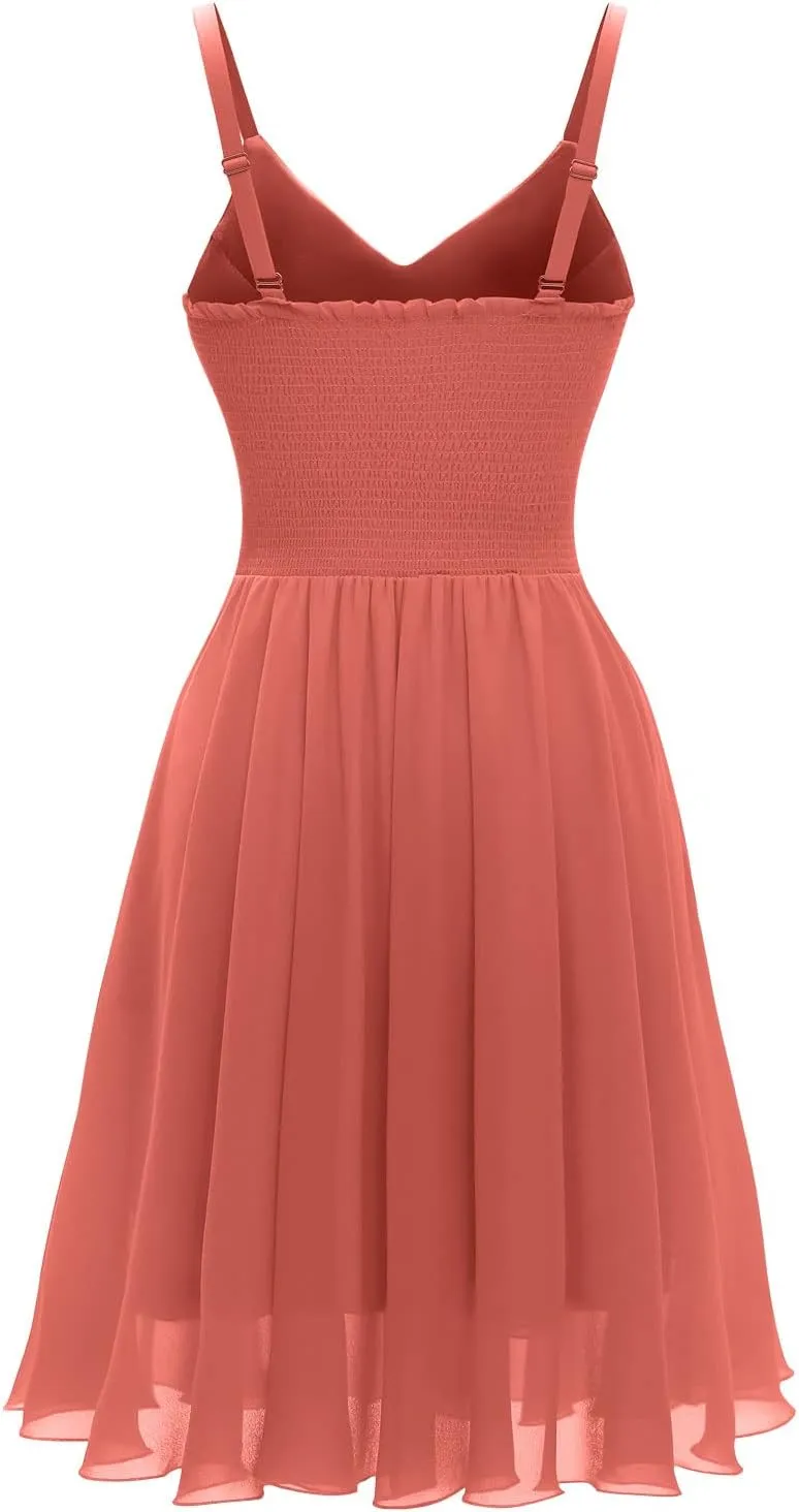 Ellames Women's 2024 Summer Dress Spaghetti Strap Cocktail Swing Beach Dresses V Neck Sundress