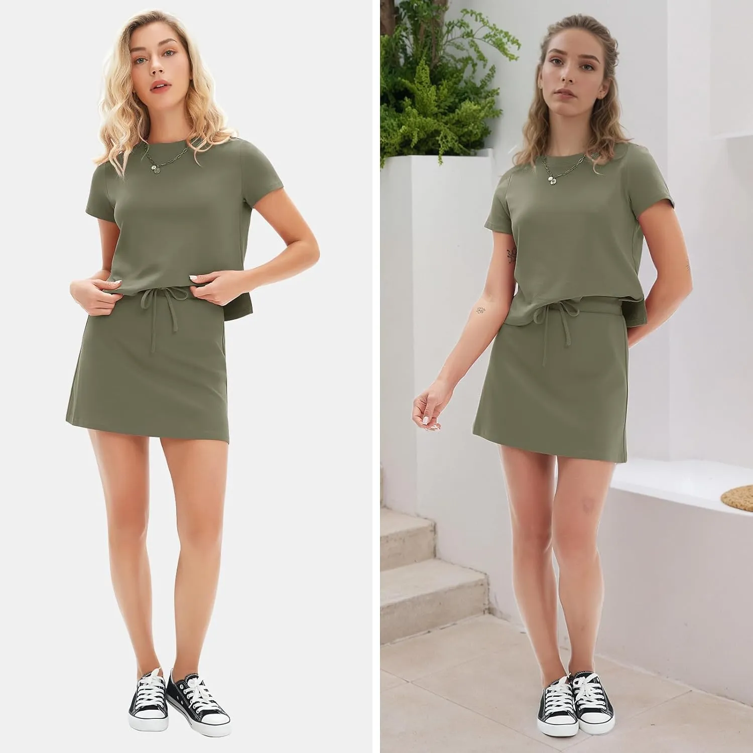 EXLURA Womens Casual Summer 2 Piece Short Skirt Sets Short Sleeve Tshirt And Tennis Skort Dressy Cotton Matching Sweatsuits