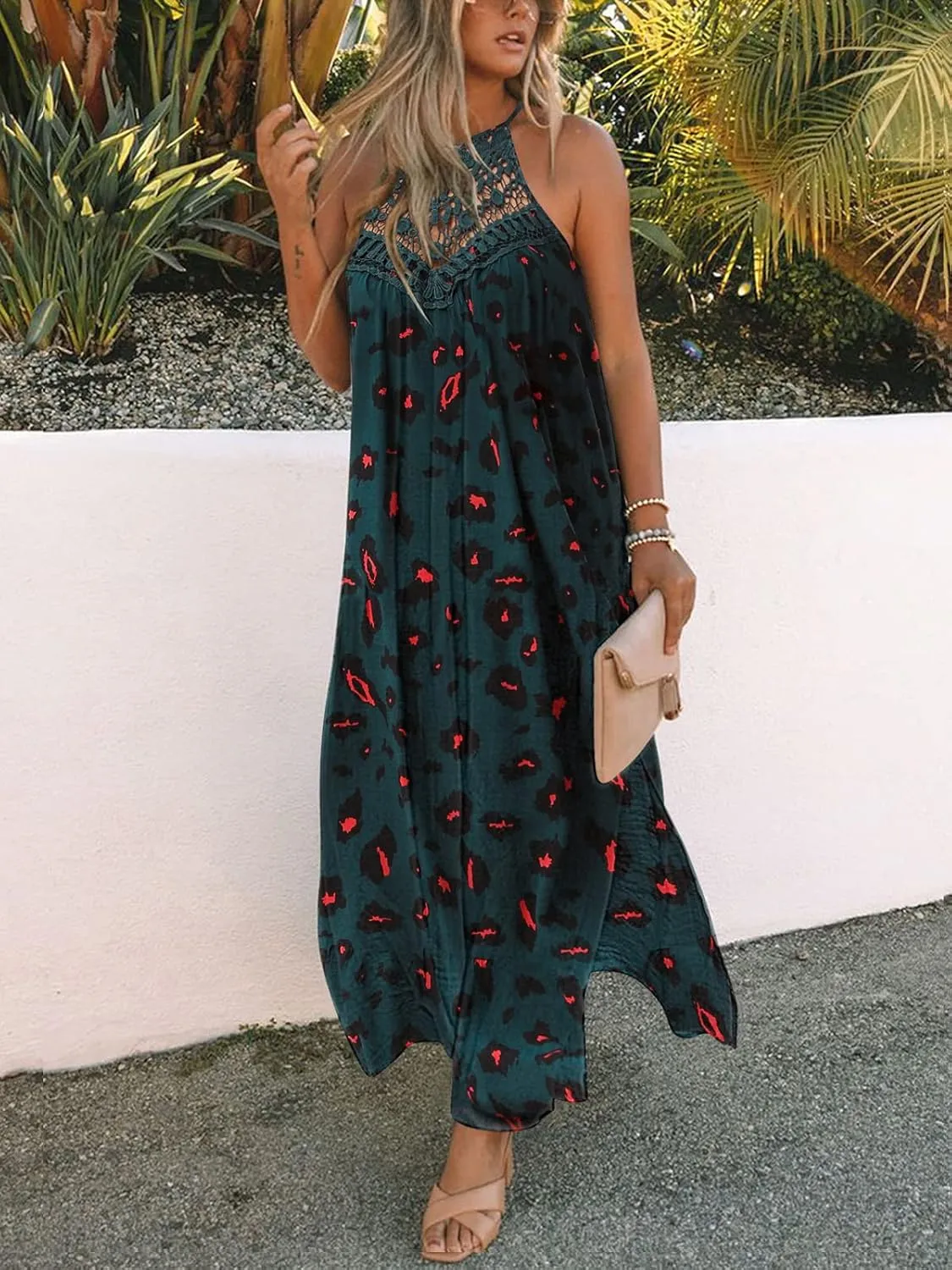FARORO Sleeveless Long Dress for Women Boho Halter Maxi Sundress Casual Loose Dresses Split Cover Up Gown with Pockets
