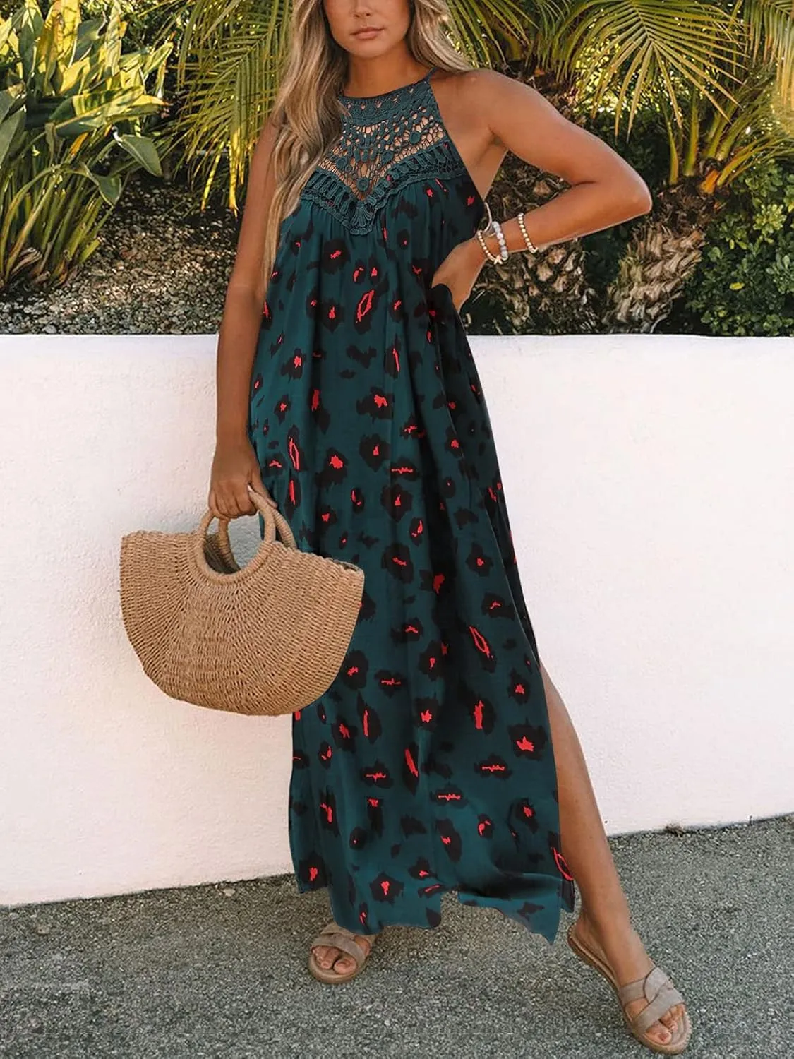 FARORO Sleeveless Long Dress for Women Boho Halter Maxi Sundress Casual Loose Dresses Split Cover Up Gown with Pockets