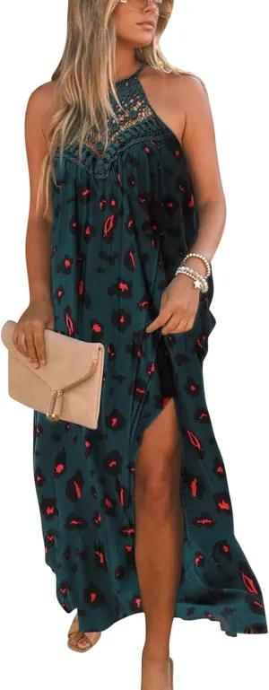 FARORO Sleeveless Long Dress for Women Boho Halter Maxi Sundress Casual Loose Dresses Split Cover Up Gown with Pockets