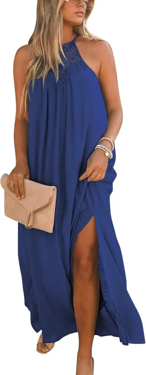 FARORO Sleeveless Long Dress for Women Boho Halter Maxi Sundress Casual Loose Dresses Split Cover Up Gown with Pockets