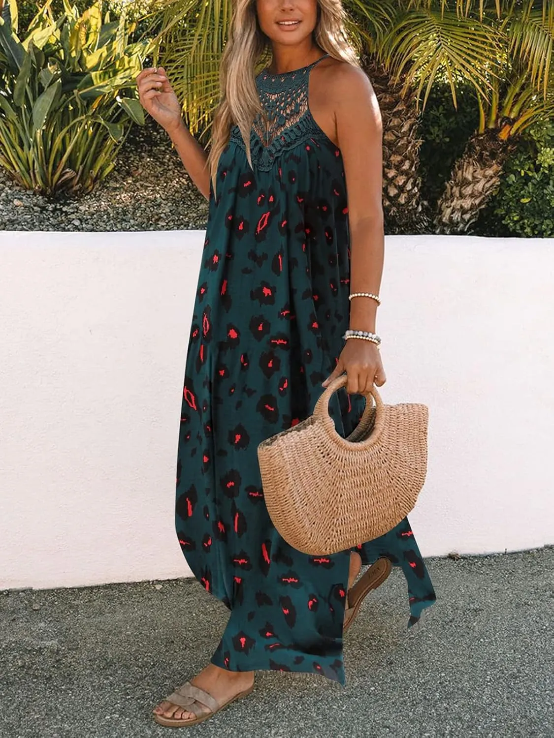 FARORO Sleeveless Long Dress for Women Boho Halter Maxi Sundress Casual Loose Dresses Split Cover Up Gown with Pockets