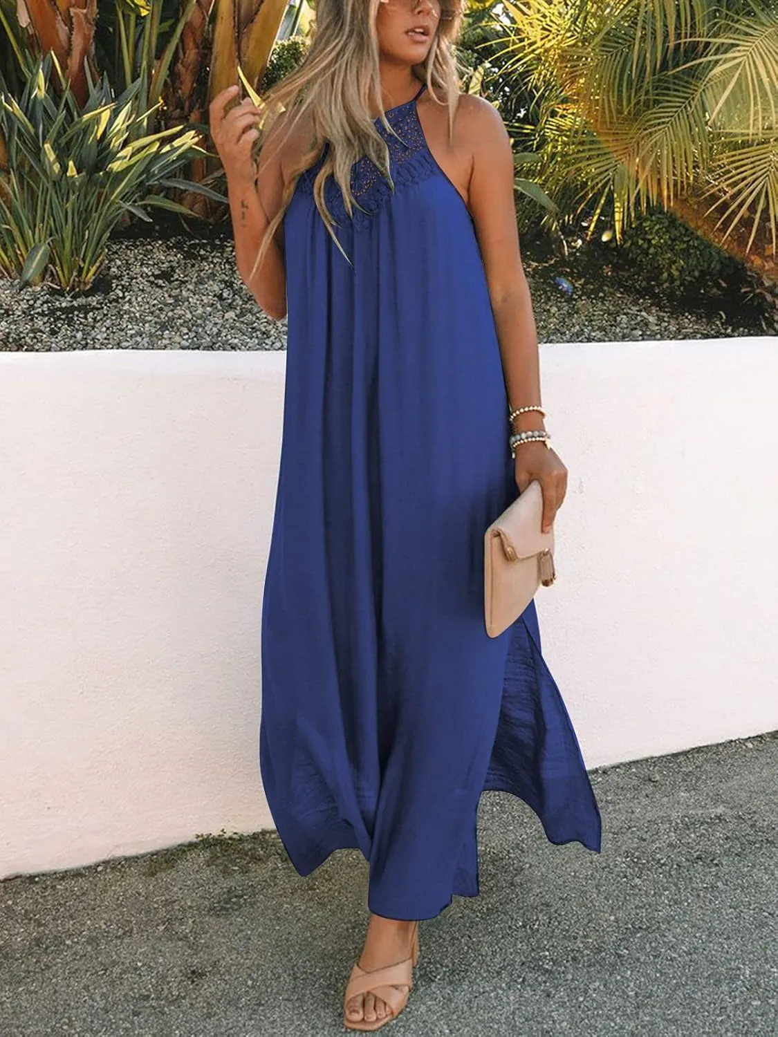 FARORO Sleeveless Long Dress for Women Boho Halter Maxi Sundress Casual Loose Dresses Split Cover Up Gown with Pockets
