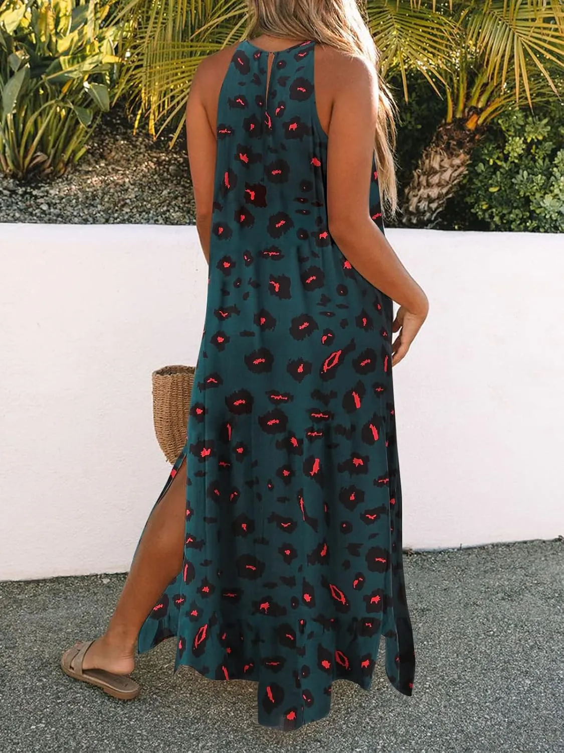 FARORO Sleeveless Long Dress for Women Boho Halter Maxi Sundress Casual Loose Dresses Split Cover Up Gown with Pockets