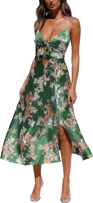 Fashionme Women Spaghetti Strap Midi Satin Dresses Tie Front Backless Split Hollow Dress