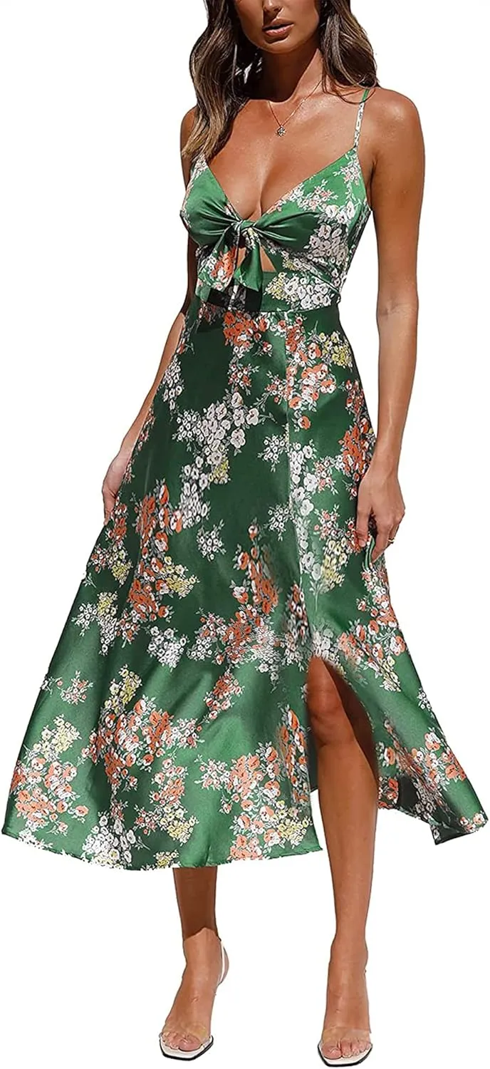 Fashionme Women Spaghetti Strap Midi Satin Dresses Tie Front Backless Split Hollow Dress