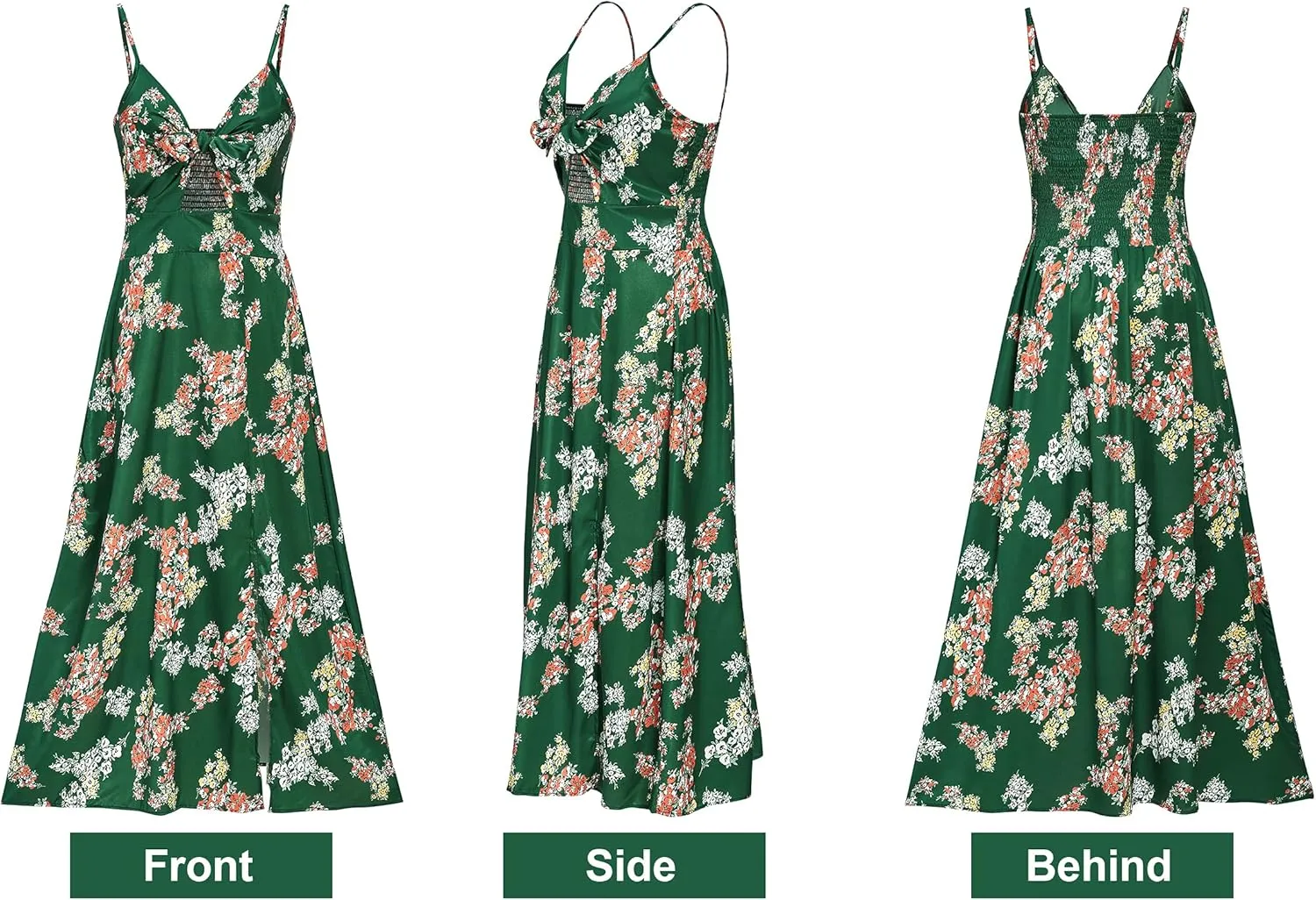 Fashionme Women Spaghetti Strap Midi Satin Dresses Tie Front Backless Split Hollow Dress